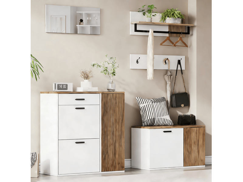 Meuble d'entrée 5 pièces avec 2 meubles à chaussures, miroir, étagère murale et 4 crochets pour entrée blanc chêne - Conforama E