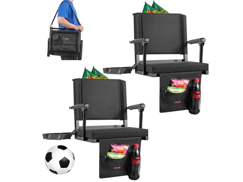Vevor siege de stade pliable, 2 pcs, chaise de gradin avec accoudoir, support dorsal et coussin epais, chaise de stade rembourre avec bandouliere, crochets, porte-gobelet, pour evenement sportif, noir - Conforama A