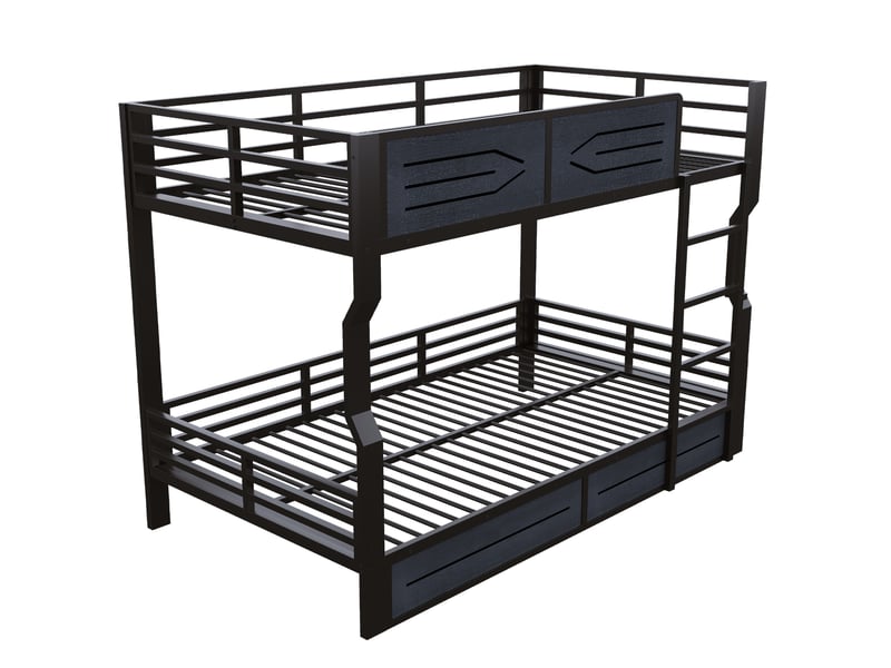  Lit superposé 140 × 200 cm 2 places avec led, escalier et barrières, sans matelas, métal et mdf noir  - Conforama E