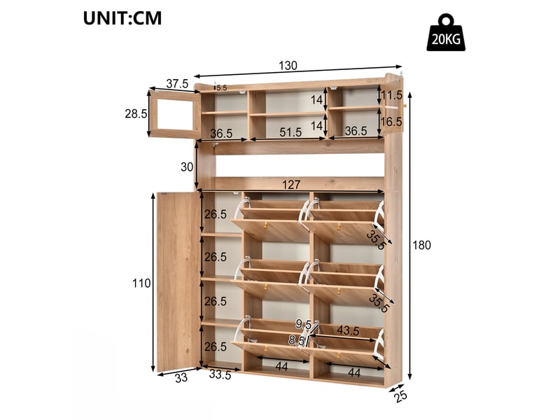  Meuble à chaussures avec led, 6 abattants, 130x25x180 cm  - Conforama C