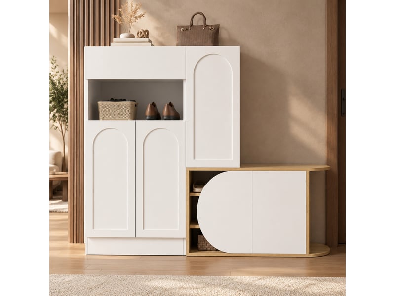  Meuble à chaussures avec banc, 5 portes et 1 tiroir, 130x35x110,5 cm, blanc et effet bois  - Conforama B