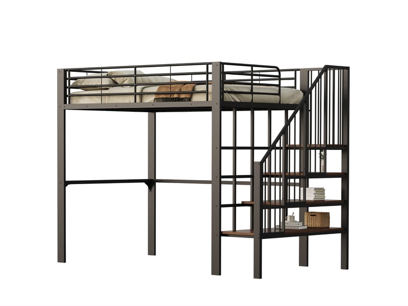  Lit mezzanine 140 x 200 cm en métal noir avec escalier et rangement sous le lit  - Conforama A