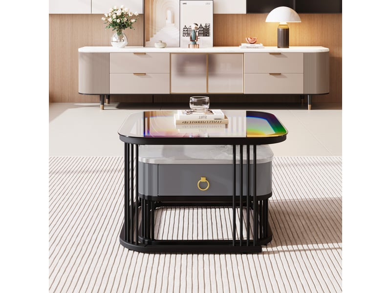  Tables basses gigognes avec 2 tiroirs, plateau effet marbre et verre, en mdf, noir et gris - uvrion  - Conforama D