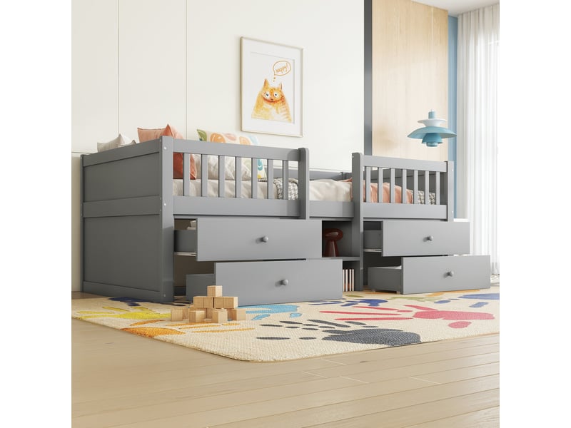  Lit mi-hauteur gris 90x200 cm avec 4 tiroirs de rangement, échelle et barrière, structure en bois de pin, style minimaliste pour chambre d'enfant.  - Conforama W