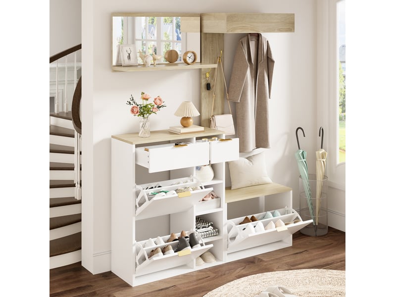  Meubles d'entrée 4 éléments avec meuble à chaussures, banc, miroir et panneau porte-manteaux, 130 × 30 × 174 cm  - Conforama C