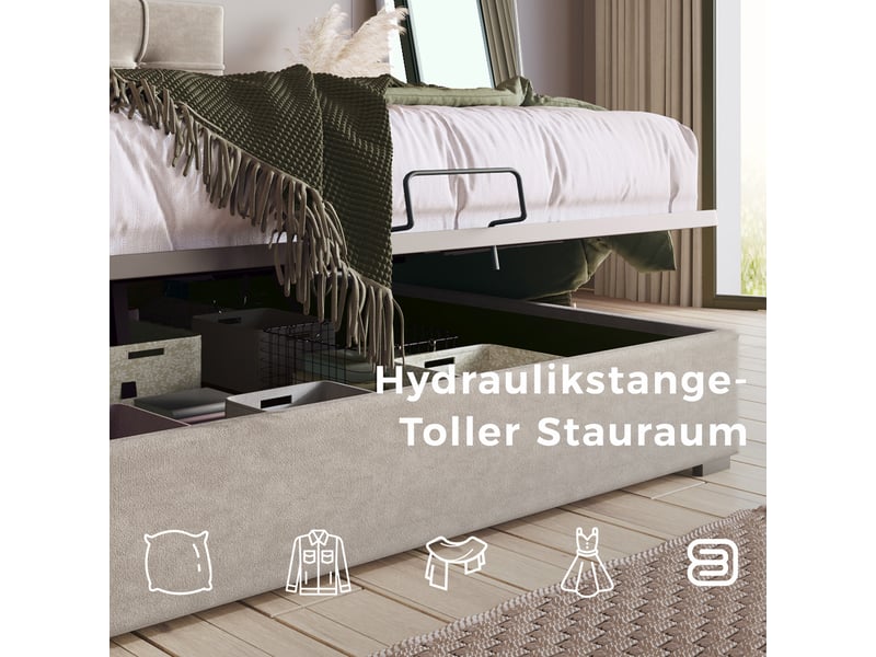 Lit coffre 140x200 cm - lit coffre capitonné double avec rangement, tête de lit ajustable et cadre métallique, velours gris, matelas inclus - Conforama D