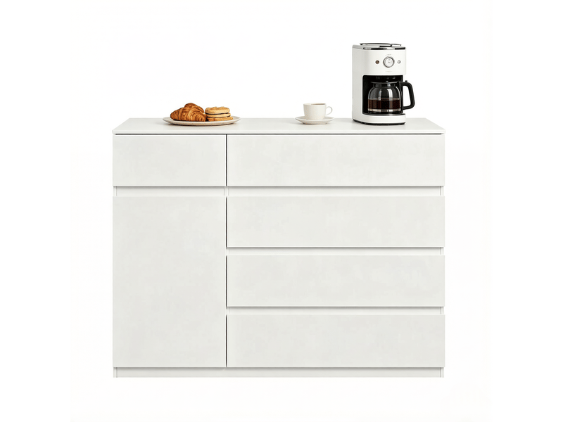 Commode de rangement avec 5 tiroirs, placard et étagère réglable pour chambre ou cuisine, blanche, 100 × 40 × 80 cm - Conforama A