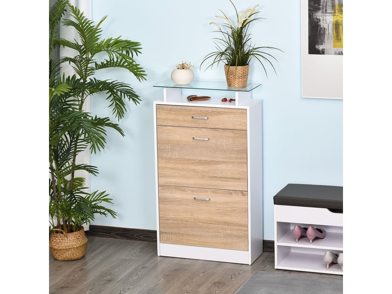  Armoire à chaussures meuble rangement chaussures 2 portes abattantes 2 compartiments, plateau en verre - bois chêne blanc, tiroir  - Conforama D
