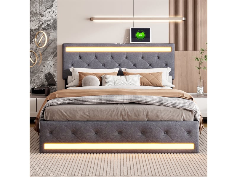  Lit 180x200cm - lit double 180x200 - avec sommier, 4 tiroirs de rangement, tête de lit avec led rgb, prise usb type-c - gris foncé  - Conforama C