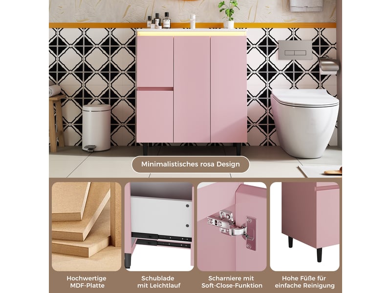 Meuble vasque rose mdf et céramique 76×47×89 cm, led à capteur radar, 2 tiroirs, fermeture amortie et pieds hauts - Conforama D