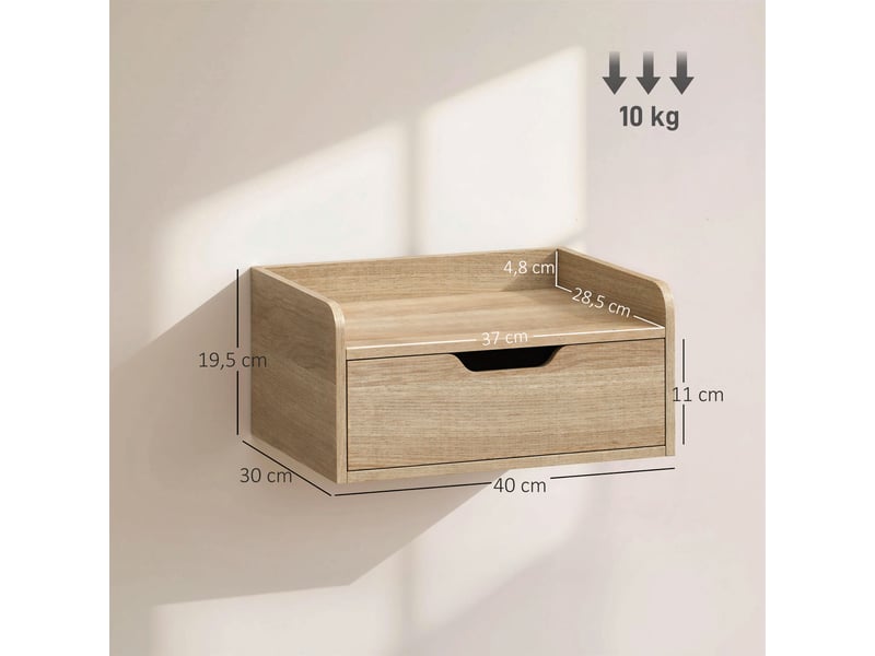  Lot de 2 tables de chevet murales, tables de nuit avec tiroir et plateau à rebords surélevés, bois naturel, 40x30x19,5cm  - Conforama C