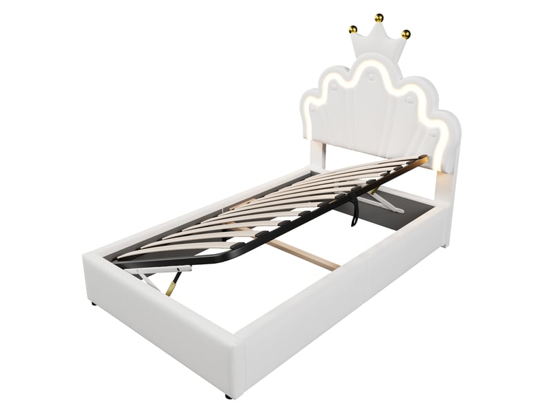  Lit rembourré princesse pu blanc 90x200 cm, led, coffre hydraulique et tête de lit réglable  - Conforama D