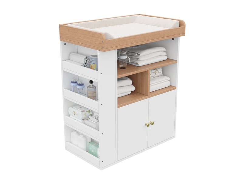  Commode à langer 2 en 1 82x50x100 cm, rangement, plan de soin 90 cm, barrière amovible, mdf naturel et blanc  - Conforama A