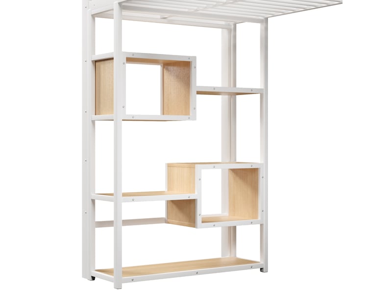  Lit mezzanine 90x200 cm, escalier avec rangements, led multicolore, en métal, blanc, sans matelas  - Conforama E