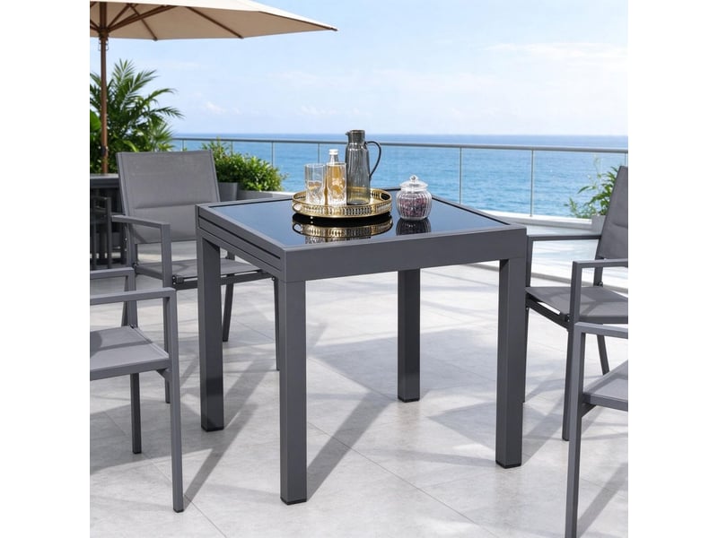Table à manger plateau extensible grand format piètement en aluminium gris foncé plateau en verre trempé noir - Conforama B