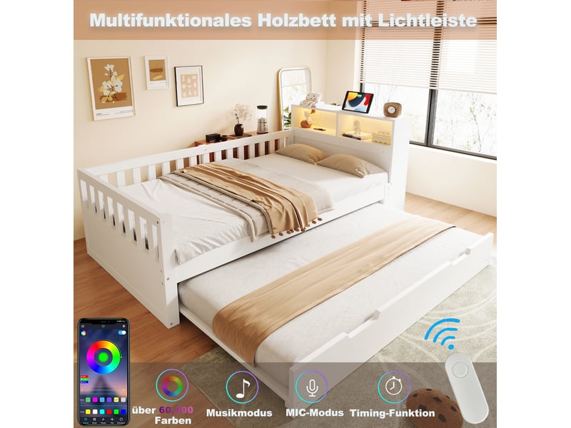  Lit gigogne, 90x200 cm, avec rangement, led, tête de lit, sommier à lattes, matelas non inclus, bois, coloris blanc  - Conforama E