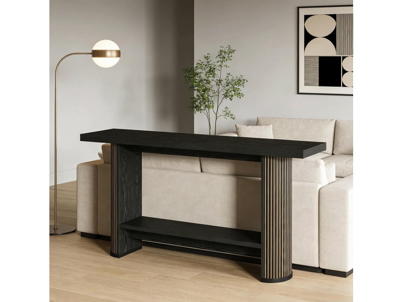  Console avec design moderne, structure fine et finition bois pour salon et entrée en bois noir 140 × 30 × 80 cm  - Conforama E