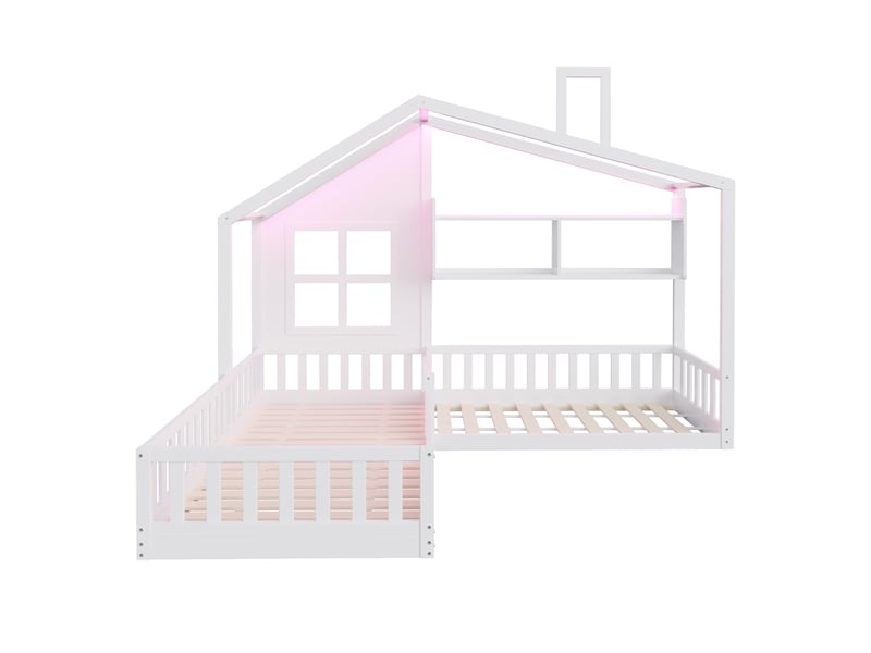  Lit enfant cabane avec fenêtre, bois blanc, 90 x 200 cm, étagères, led et garde-corps  - Conforama A