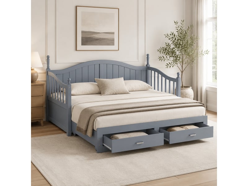  Lit banquette 2 places en bois avec lit gigogne, 2 tiroirs et accoudoirs, 90x190 et 180x190 cm, matelas non précisé  - Conforama B