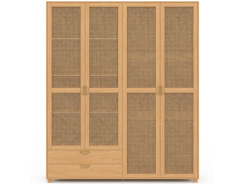 Armoire 4 portes edhen bois et cannage penderie 160 cm avec 2 tiroirs et étagères - Conforama E