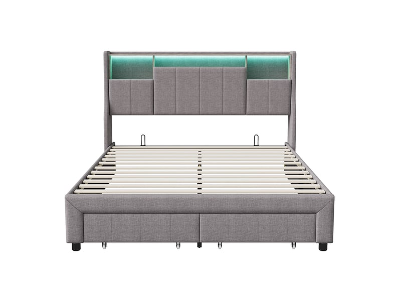  Lit double 140x200 cm avec 2 tiroirs rangement, lit rembourré avec led rvb et port usb de tête de lit étagère, tissu en lin, sommier à lattes, gris  - Conforama D