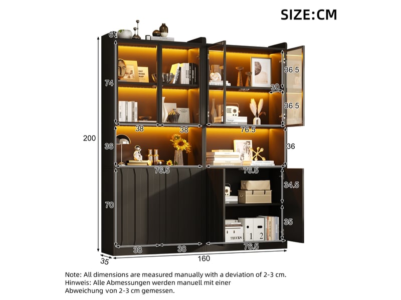  Vitrine à led, 8 portes dont 4 en verre, étagères réglables et rangements ouverts pour salon, noire 160 × 35 × 200 cm  - Conforama C