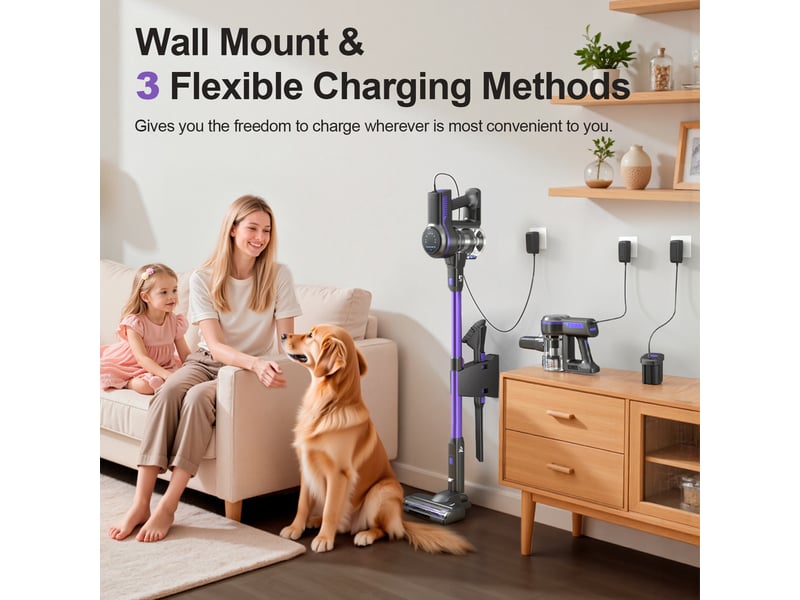  Aspirateur balai sans fil violet avec écran led, brosse rouleau souple, aspiration jusqu'à 26 kpa  - Conforama E