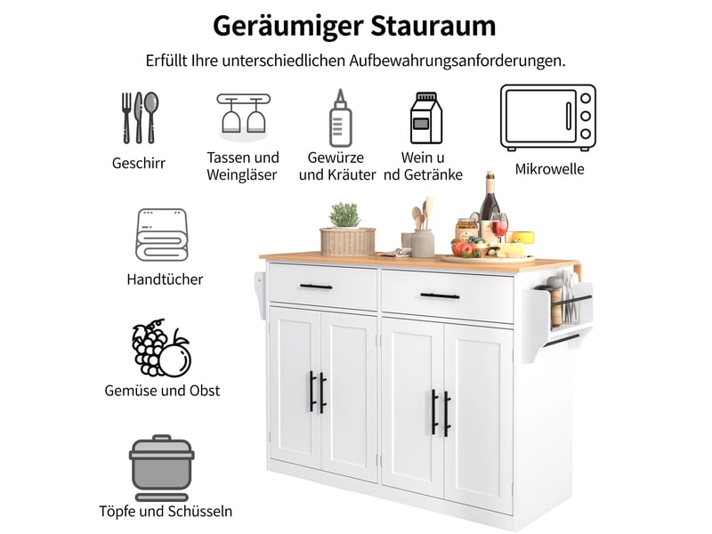  Desserte de cuisine blanc et naturel 120 × 4670 × 91 cm en mdf, plateau rabattable, 4 portes, roulettes et pieds en bois  - Conforama C