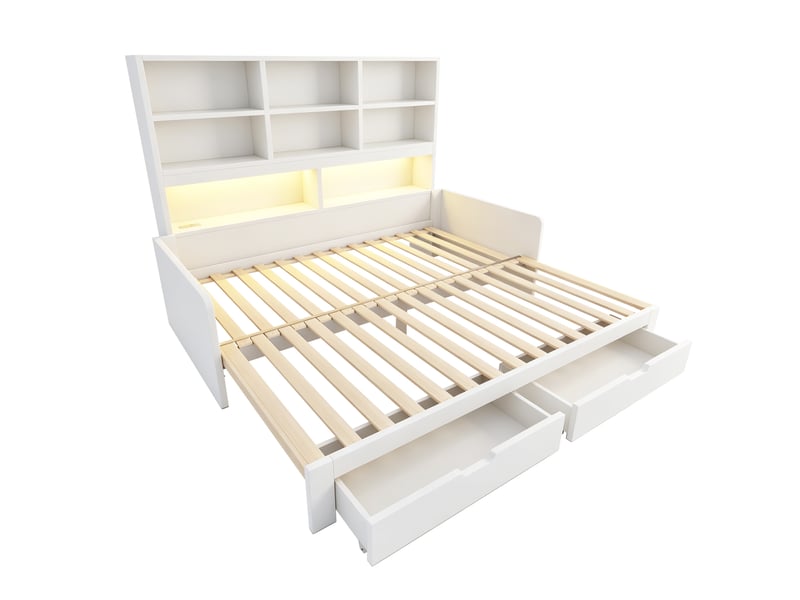  Lit jeune, lit gigogne 90180x200 cm avec rangement, led et prises, mdf couleur blanc  - Conforama R