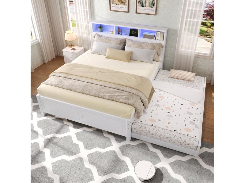  Lit 120x200 cm blanc avec lit gigogne 90x190 cm, led et ports de charge  - Conforama B