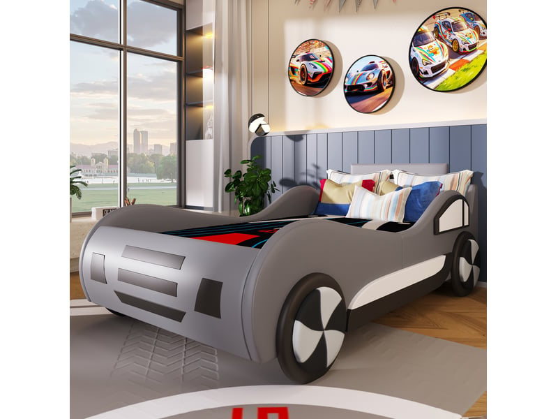  Lit voiture enfant modenvie 90 x 200 cm avec rangement hydraulique, gris, pu et mdf  - Conforama B