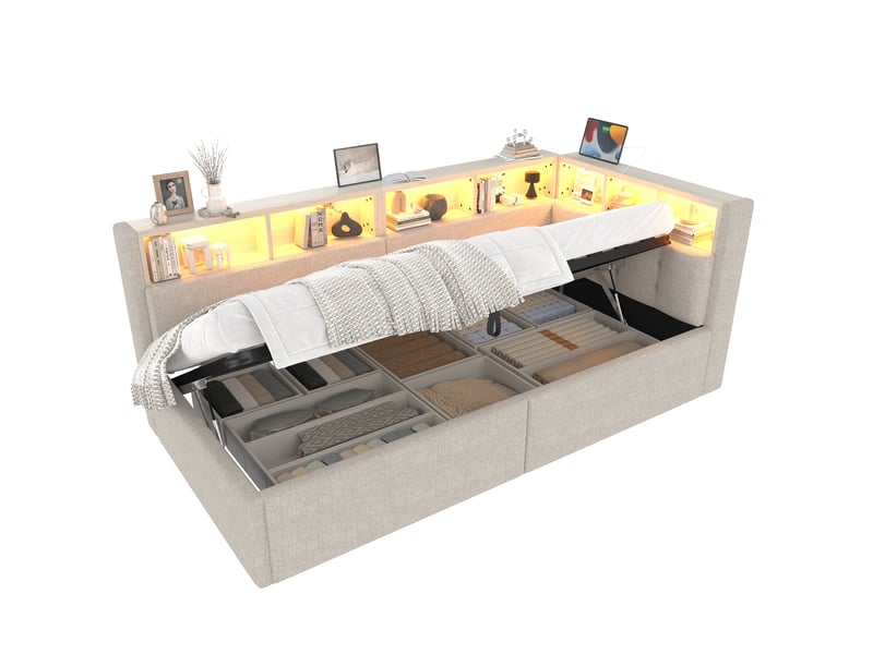  Modenvie lit de jour 90x200 cm - avec led multicolore, rangements et ports usb-c - sans matelas - beige  - Conforama A