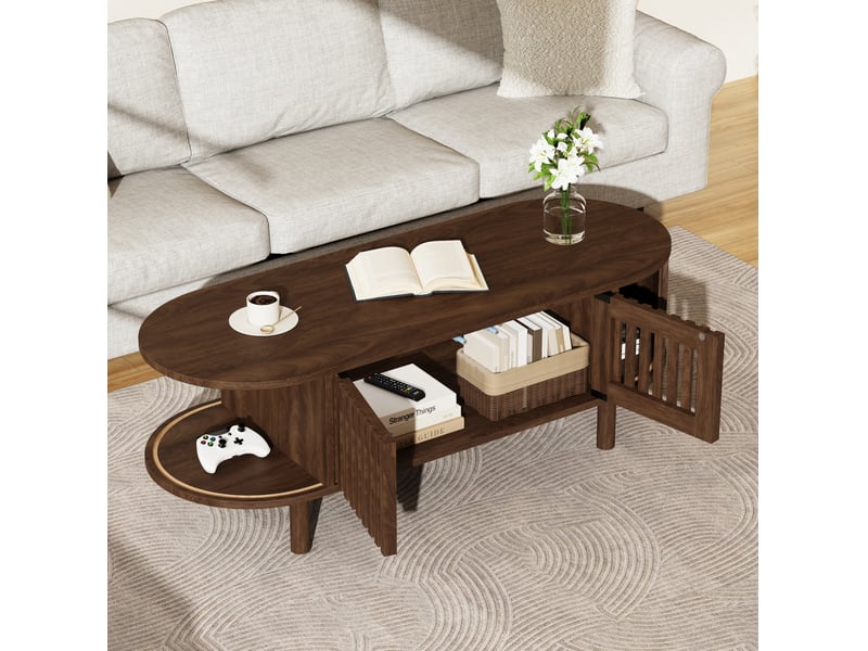  Table basse ovale 100x40x38 cm avec 2 portes à lames, porte coulissante, mdf coloris noyer  - Conforama D
