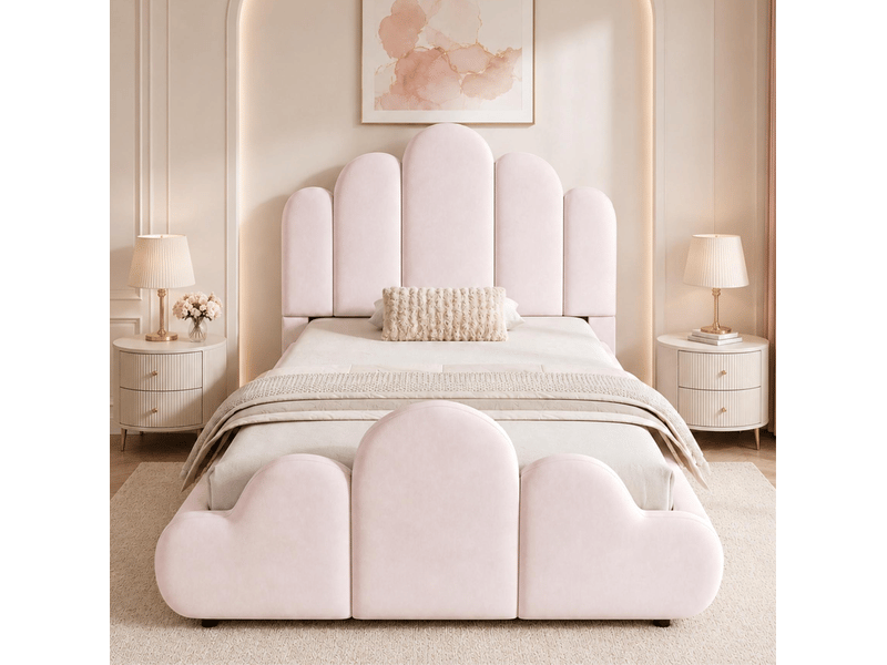 Lit enfant 90 × 200 cm avec cadre à lattes, tête et pied de lit rembourrés en velours rose, chambre 216 × 106 × 89 cm - Conforama D