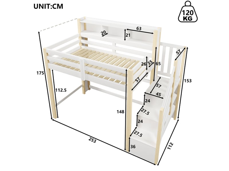  Lit mezzanine enfant 90x200 cm avec led et rangement coloris blanc et naturel  - Conforama C