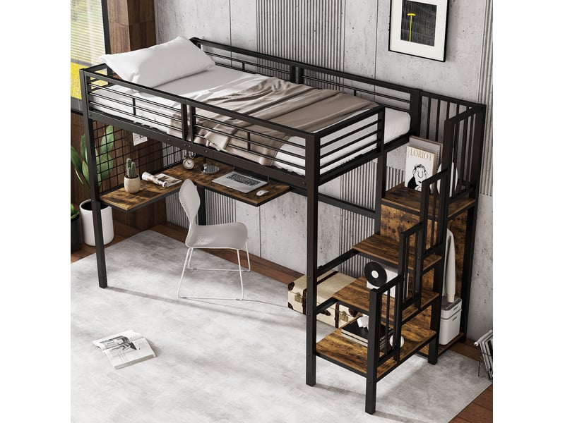 Lit mezzanine enfant 90x200 cm – noir et noyer foncé – bureau, armoire, escalier – sans matelas - Conforama B