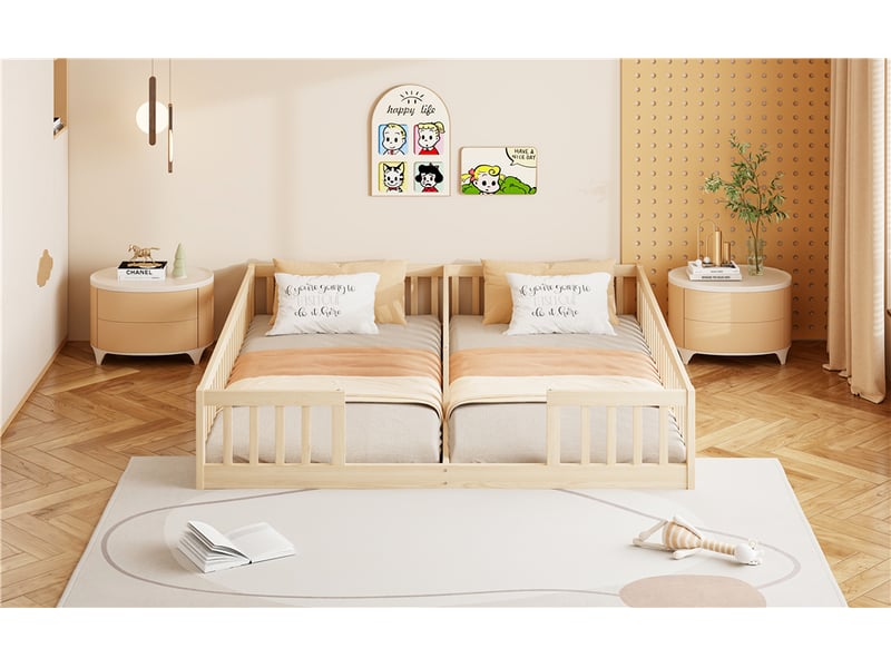  Lit enfant 90x200 cm en pin naturel, avec barrières et sommier, style minimaliste, 2 enfants  - Conforama B