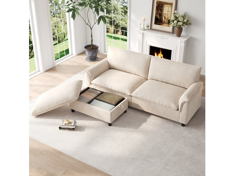  Canapé modulable 3 places 216x77x82 cm avec pouf de rangement beige  - Conforama D