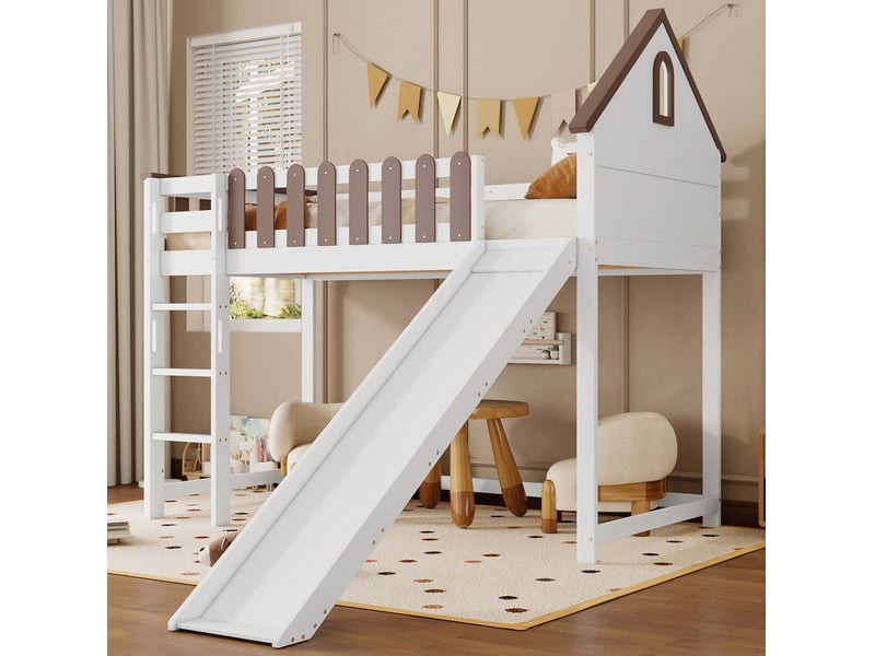  Lit mezzanine enfant avec toboggan et échelle 90x200 cm blanc et noyer  - Conforama B