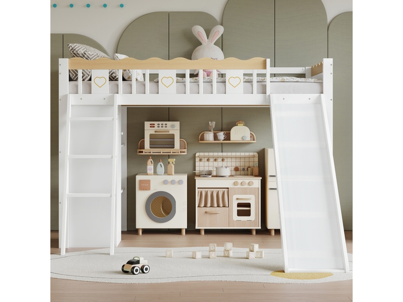  Lit surélevé enfant avec toboggan, placard et rangement sous lit, 90x200cm, blanc et naturel  - Conforama E