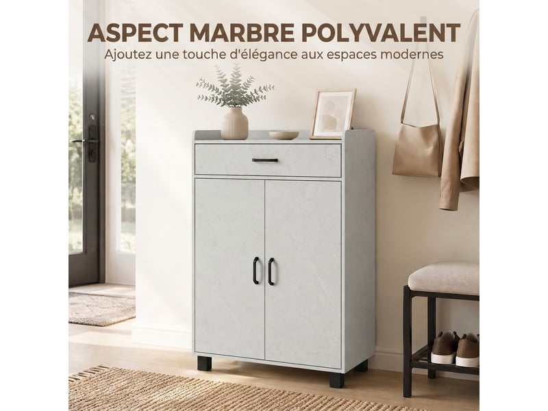  Meuble à chaussures, armoire à chaussures avec 2 portes, tiroir, 5 compartiments et étagères réglables, gris  - Conforama R