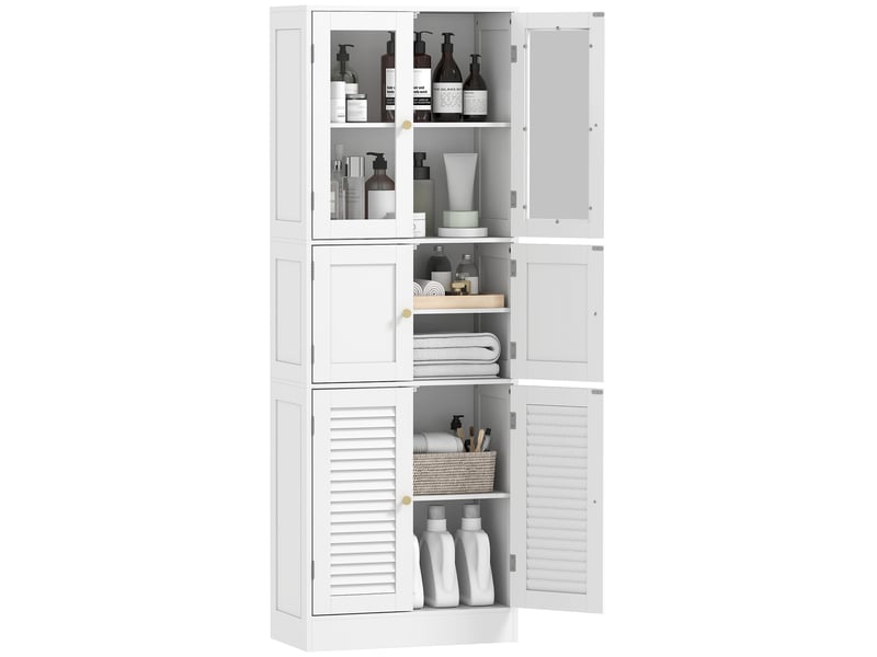  Colonne de salle de bain étroite avec portes vitrées à persiennes et étagères réglables, 60 x 30 x 170 cm, blanche  - Conforama A