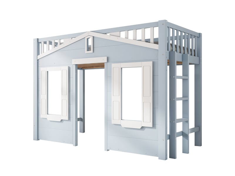  Lit mezzanine enfant 90x200 cm avec escalier réversible et fenêtre décorative, bois et mdf, bleu et blanc  - Conforama A