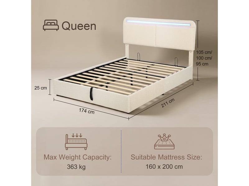 Lit coffre 160x200 avec rangement, tête de lit led rgb, lit double rembourré en velours crème - Conforama E