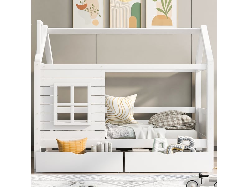  Modenvie lit cabane enfant 90x200 cm - avec tiroirs de rangement, sommier inclus, sans matelas - blanc  - Conforama E