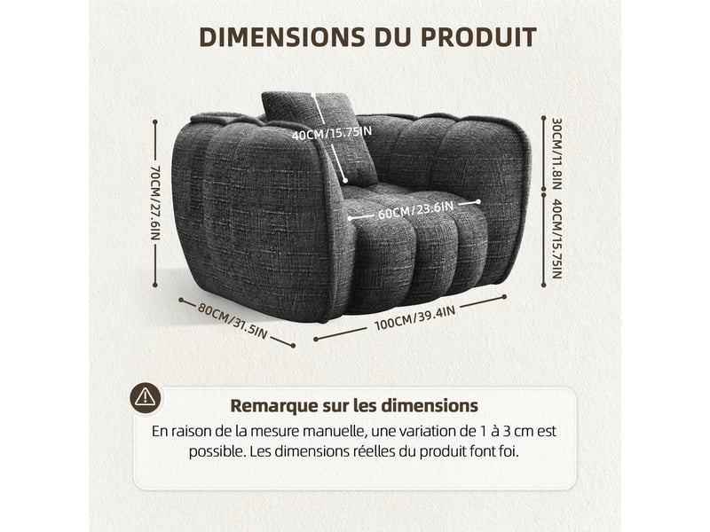  Lexzurn fauteuil fixe, pouf pour adulte,avec coussin,conception ergonomique,profondeur d'assise accrue 60 cm,adapté à de nombreux contextes,base antidérapante  - Conforama B