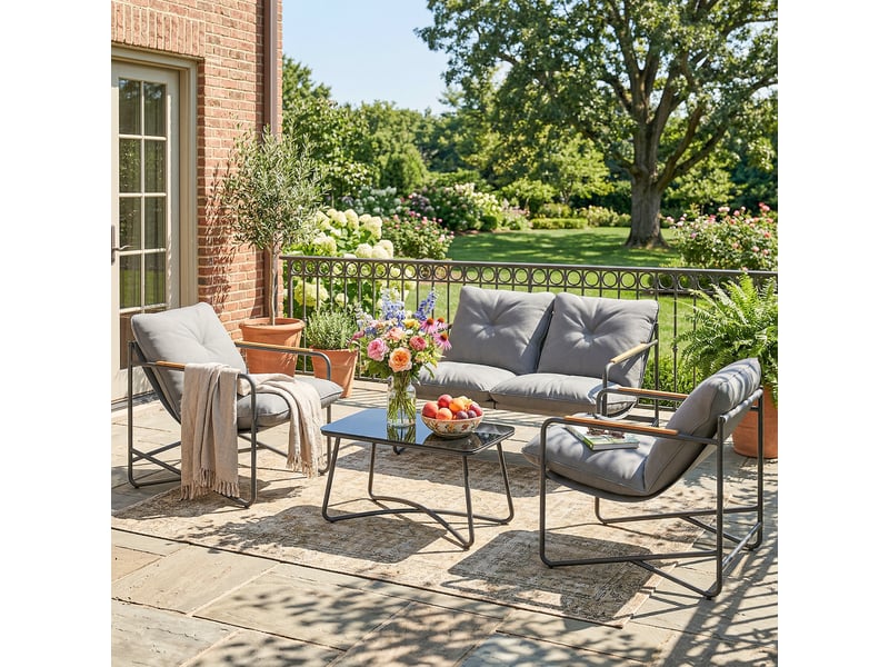 Salon de jardin 4 pcs avec canapé 2 pl. 2 fauteuils et table basse, coussins, gris clair - Conforama D