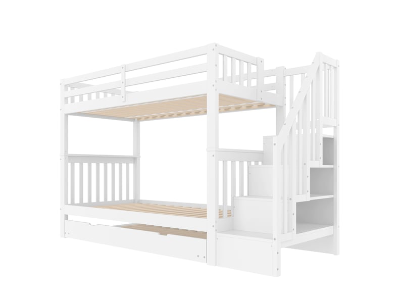 Lit superposé enfant 3 places 90 × 200 cm et 90 × 190 cm avec lit gigogne et étagères, sans matelas, blanc - Conforama A