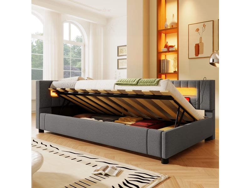  Lit coffre jeune, 90x200 cm, lit avec rangement, lit de jour avec éclairage led, connectique usb c, lin, coloris gris  - Conforama D