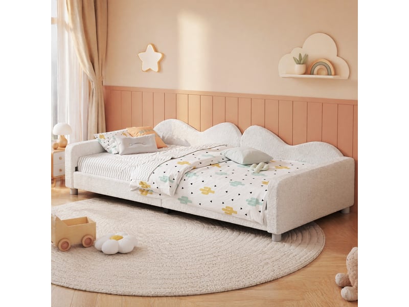  Lit banquette enfant 200×90 cm avec dossier et accoudoirs, sommier à lattes inclus, sans matelas, en tissu bouclé blanc  - Conforama B